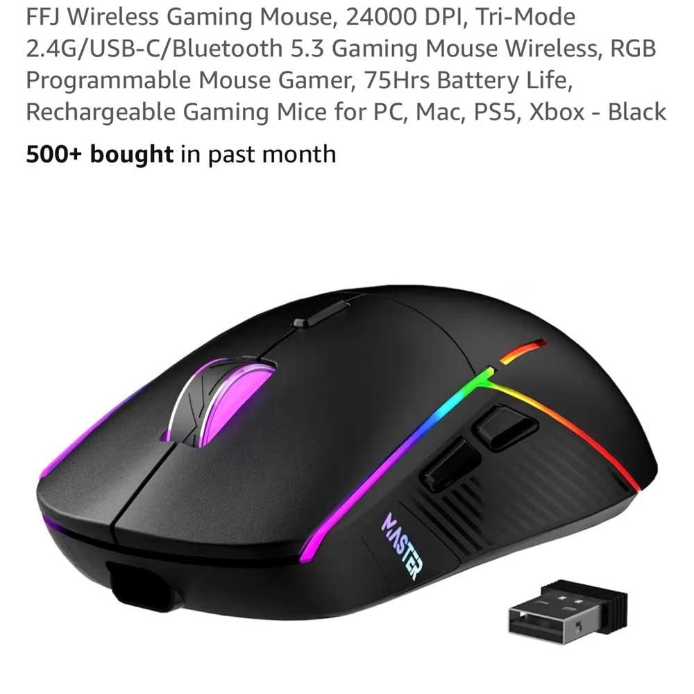 Black wireless Gaming Mouse rechargeable FFJ 24000 DPI, Tri-Mode 2.4G/USB-C new